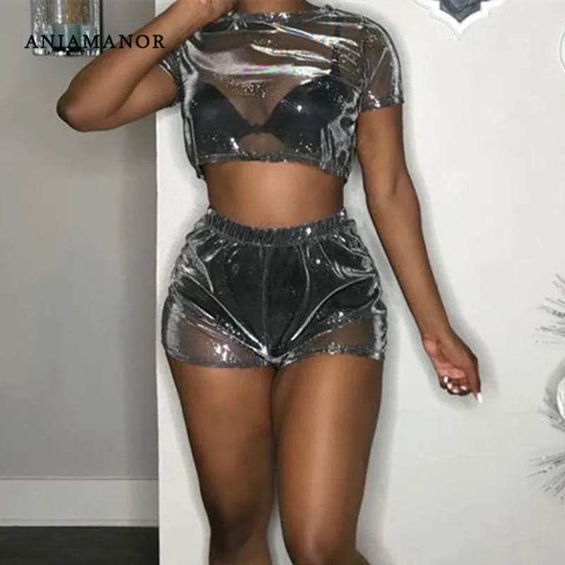 

ANJAMANOR See Through Glitter Lurex Mesh Two Piece Set Matching Crop Top and Shorts Cute Summer Outfit Women Club Wear D74-I84
