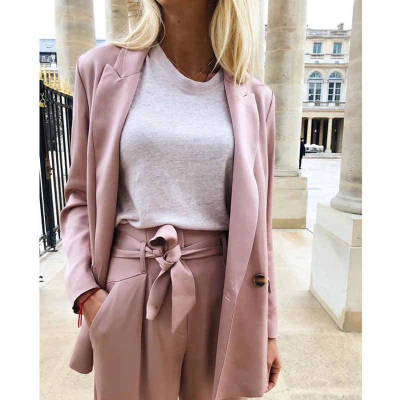 

White/Black/Pink Solid Color Long Sleeve Notched Thin Acetate Blazer - Elfbop 2019 Women Suit Ol/Casual Outerwear