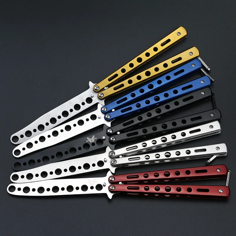 Negro de plata de acero inoxidable práctica mariposa en cuchillo Formación Cuchillo plegable herramienta al aire libre Camping cuchillo de auto-defensa cuchillo