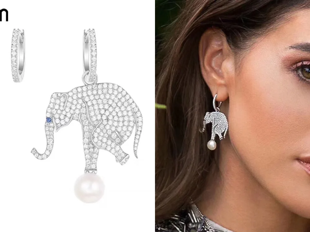 

Asymmetric Elephant Cubic Zirconia Pearl Long Pendant Wedding Party Earrings for women jewelry
