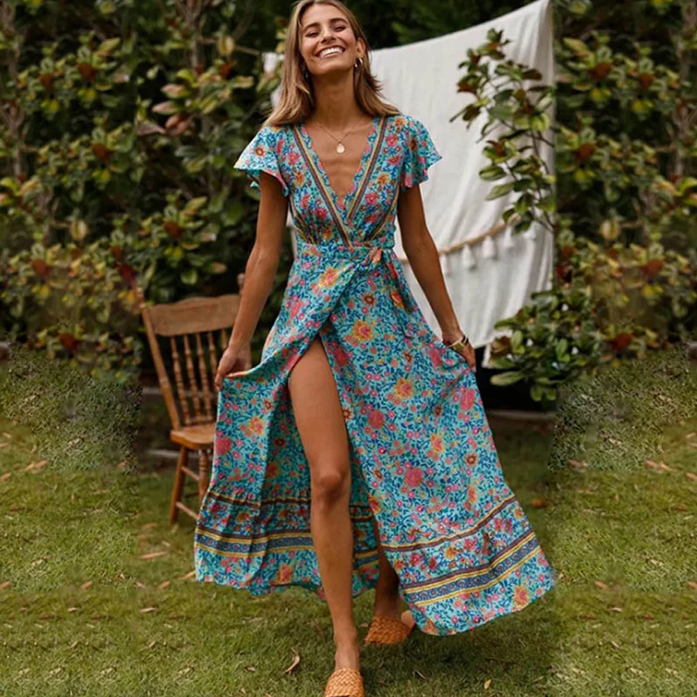 Boho Chic Maxi Summer Flower Split Dress Women Belted Tunic Beach Long