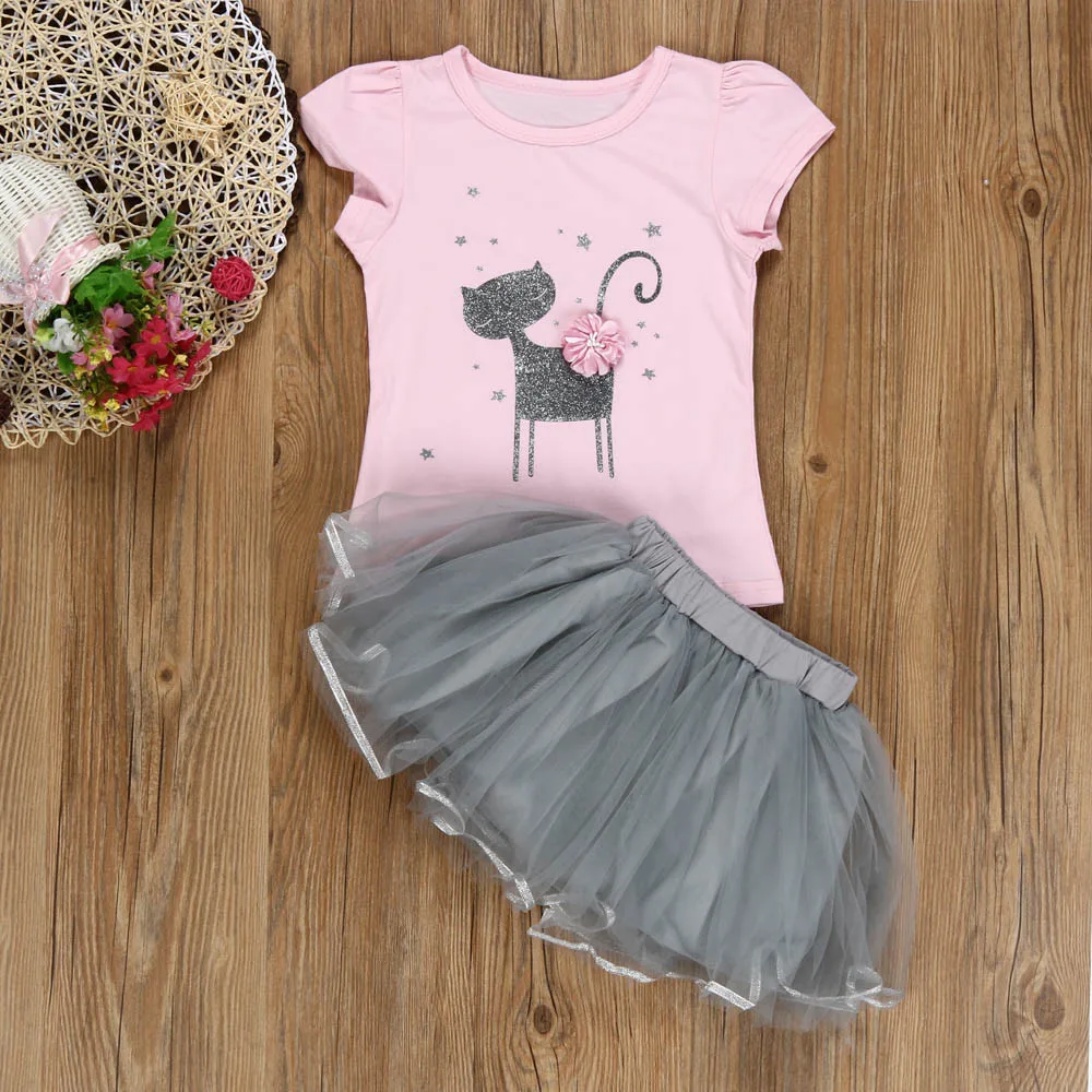 

CHAMSGEND Summer Kids Girls Fashion Cartoon Little three-dimensional flower cat Shirt Dress Clothes Set june30 P30