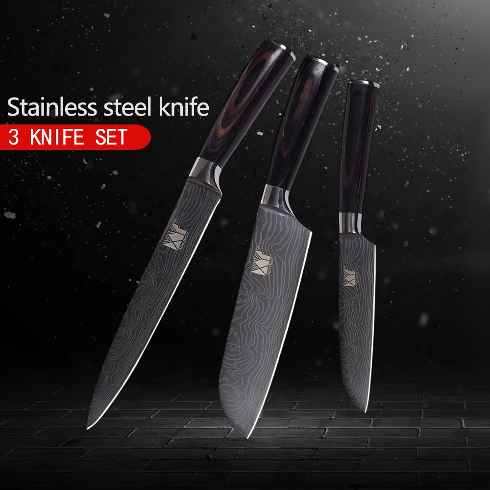 

XYj Brand Cooking Tools High Quality Stainless Steel 3Pcs Set Knife Damascus Veins Pattern 3.5, 5, 5, 7, 8, 8 Inch Kitchen Knife
