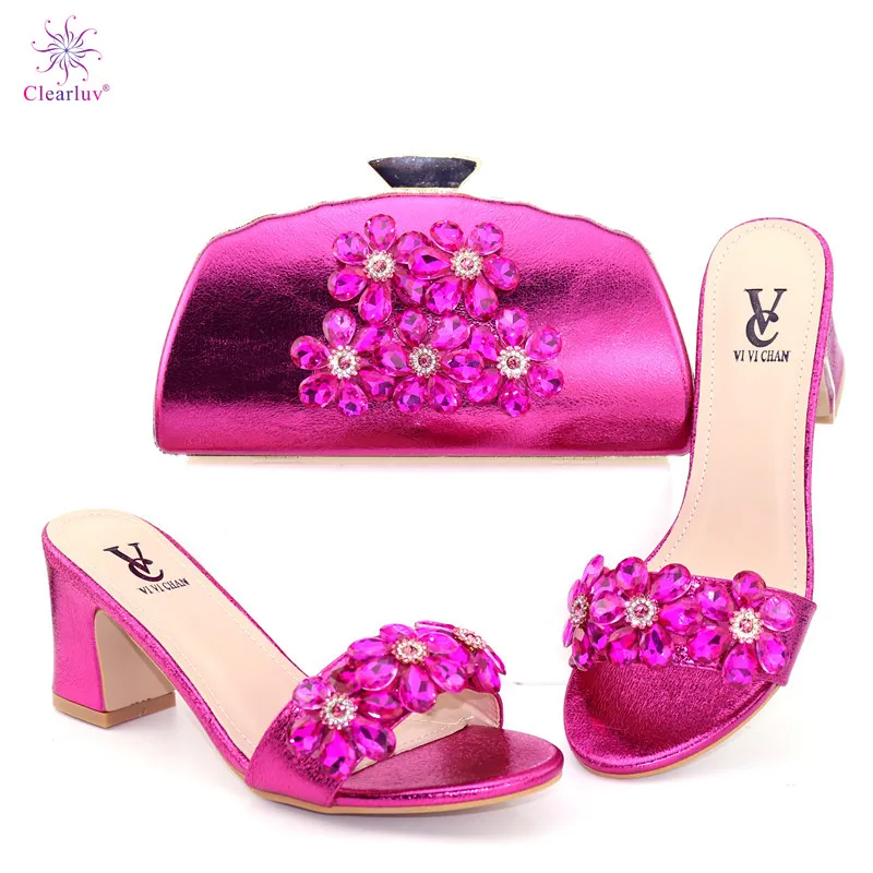 

Fuchsia Color Italian Ladies Shoes and Bags To Match Set African Shoe and Bag Set Decorated with Rhinestone Nigerian Women Shoes