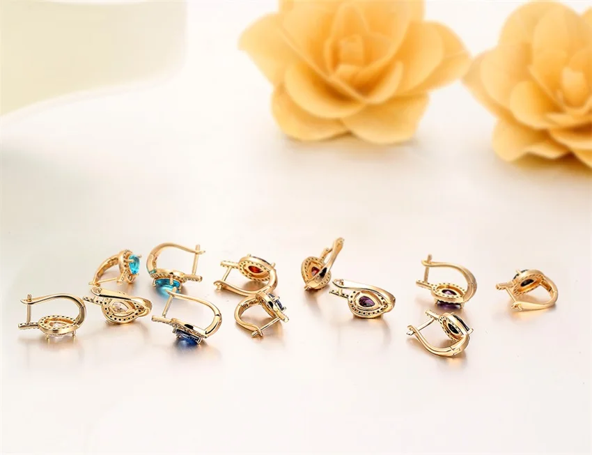 6Colors Pear AAA CZ w/ White CZ Around Gold Color Teardrop Huggies Small Hoop Earrings for Women Jewelry boucle d'oreille