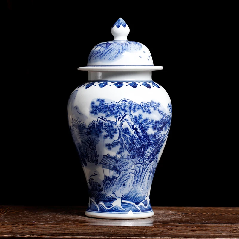 

Chinese Landscape Design Blue And White Porcelain Ceramic Vase Temple Ginger Jars