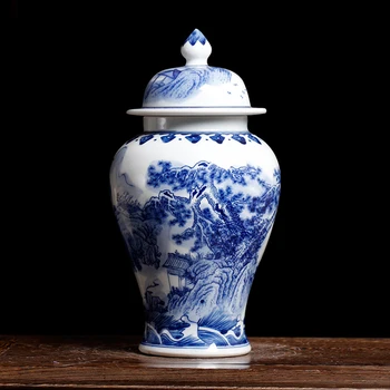 

Chinese Landscape Design Blue And White Porcelain Ceramic Vase Temple Ginger Jars