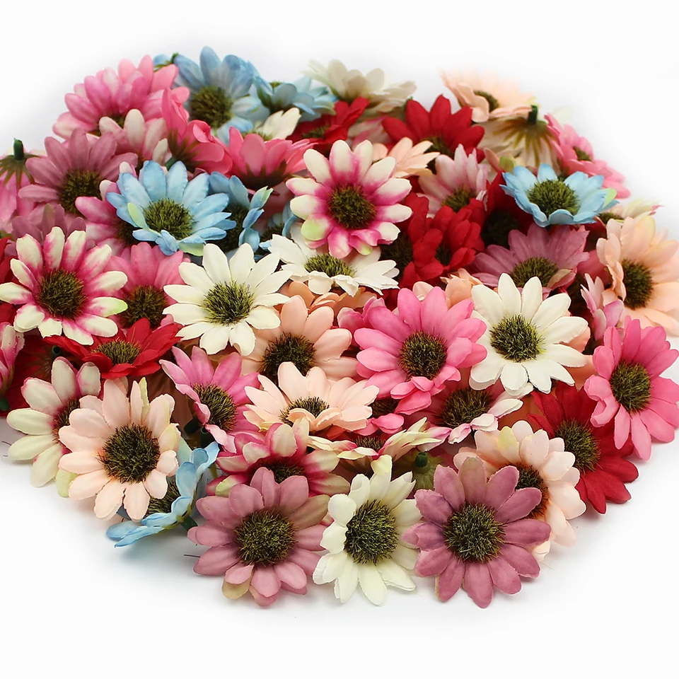 HUADODO 50 шт. разноцветные искусственные цветы ромашки головы шелковая Гербера искусственные цветы для дома Свадебные украшения скрапбук DIY