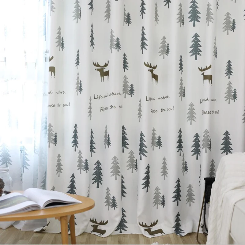 Cortinas opacas de bosque de pino verde Simple moderno para sala de estar de dibujos animados lindo ciervo para los tratamientos de ventana de dormitorio de los niños AH8