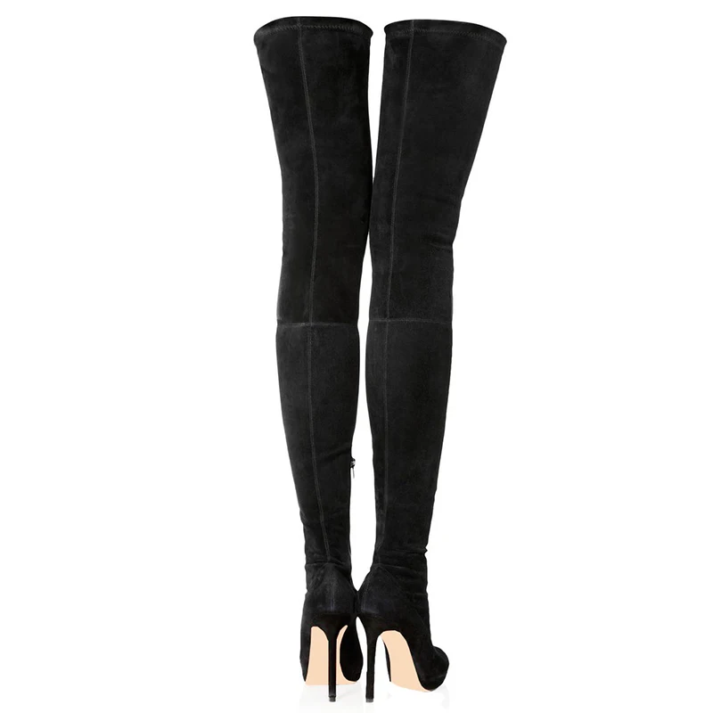 Женские черные облегающие высокие сапоги; женские высокие эластичные Замшевые Сапоги выше колена; коллекция года; женская зимняя обувь на платформе с высоким каблуком и круглым носком