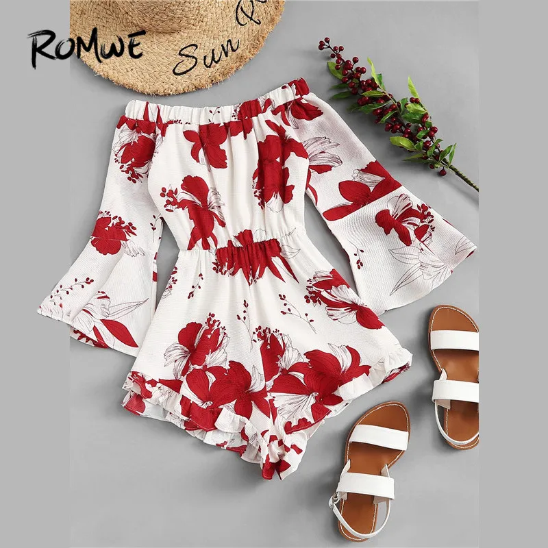 

ROMWE Off The Shoulder Floral Print Flounce Sleeve Women High Waist Playsuits Beach Style Ruffle Hem Wide Leg Summer Romper