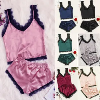

Fashion Women Lace PJ Set Sleeveless Vest and Shorts Elegant Pajamas Set Ladies Cute Sleepwear Underwear Night Suit pyjama femme