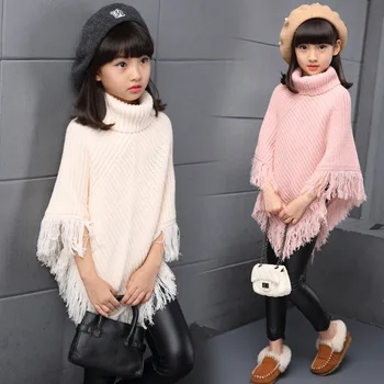 

2019 winter girl sweater turtleneck tassel child fashion cloak shawls long big girl batwing sweater coat autumn kids clothes