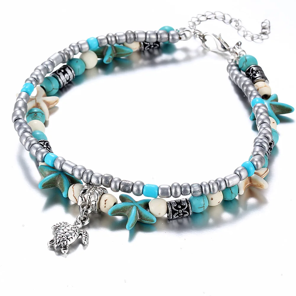 LE SKY Bohemian Crystal Stone Anklets Double Beach Foot Chain Conch Starfish Alloy Turtle Pendant Leg Bracelet Women Jewelry