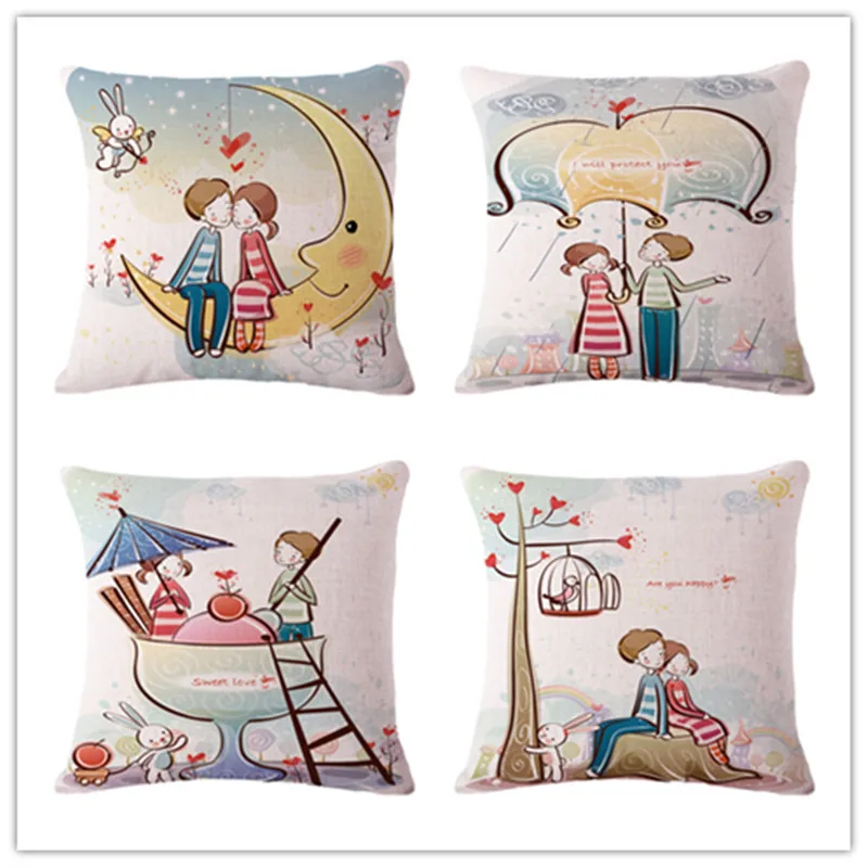 

Moon Lover Cushion Cover Woven Linen Family Affection Sofa Car Seat Family Home Decorative Throw Pillow Case Housse De Coussin