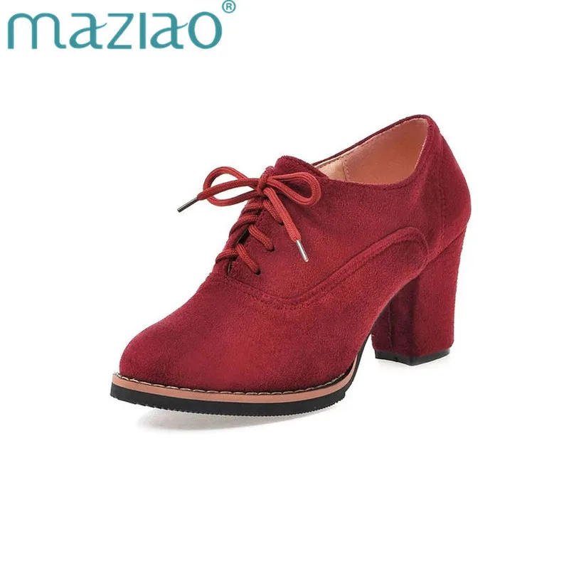 

MAZIA 2018 Fashion Nubuck Leather Shoes Women Round Toe Lace-up High Heels Shoes Oxford Big Size 33-43 Fashion Shoes Pumps Solid