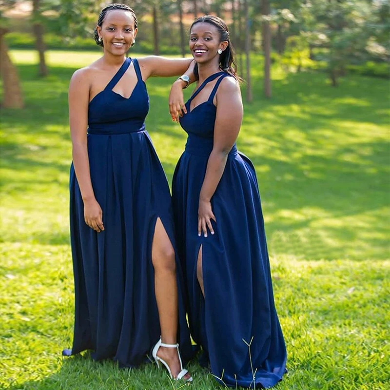 

Simple Navy Blue Bridesmaid Dress One Shoulder 2019 Long Satin Front Split Robe De Soiree Wedding Party Dress Custom Made