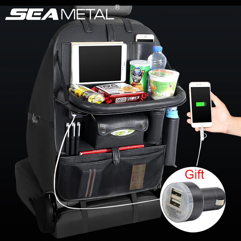 

Auto Backseat Organizer Car Seat Back Organizer PU Leather With 4 USB Charger Pad Phone Holder Folding Tray Interior Accessories