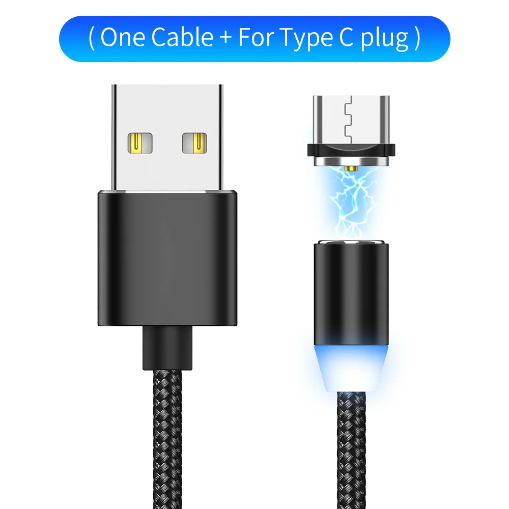 YBD 1 м 2 м светодиодный магнитный зарядный кабель для samsung huawei Xiaomi Micro USB кабель магнитное зарядное устройство для Honor Redmi usb type C кабель - Цвет: Black Type C