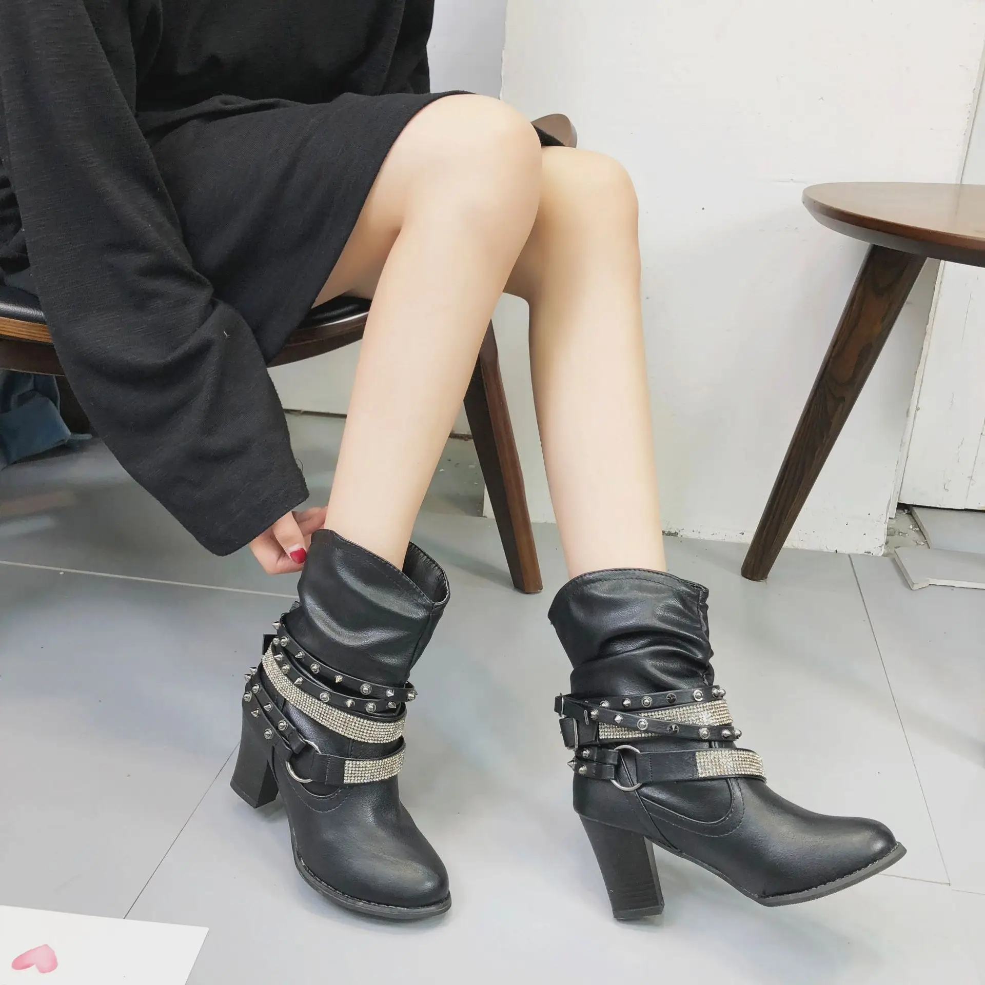 

Women Boots Chunky Heel High Heeled Women Shoes Fashion Buckle Strap Pointed Toe Slip-on Rubber Rivets Short Boots Ladies Shoes