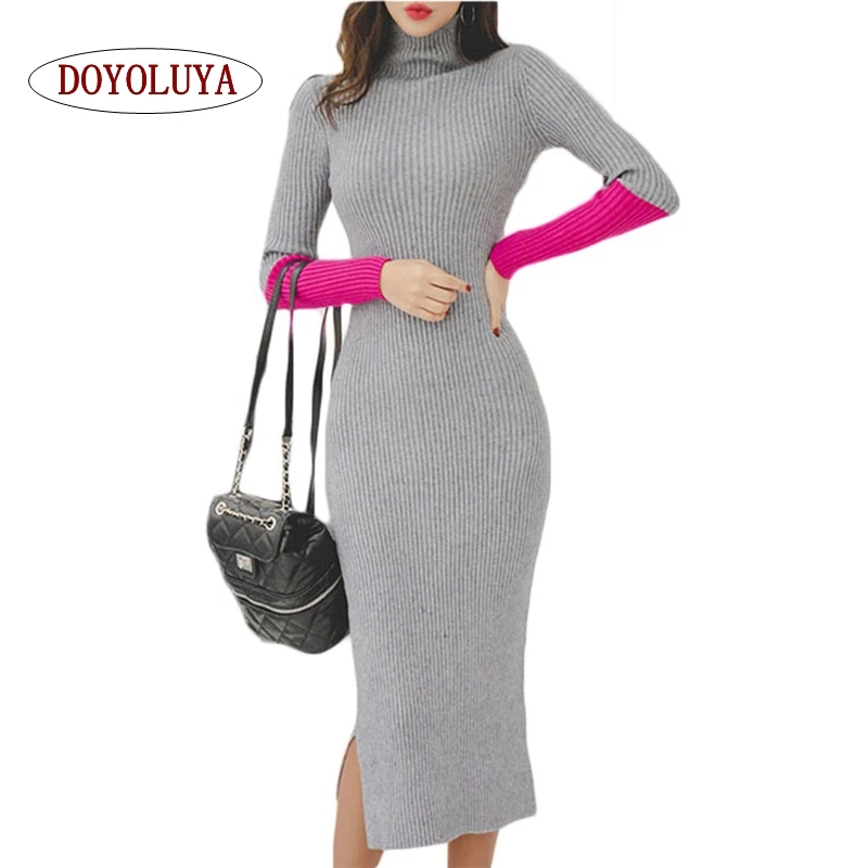 

[DOYOLUYA] Winter Spring Sweater Dress Patchwork Color Knitted Stretch Turtleneck Split Bodycon Split Casual Bottoming Vestidos