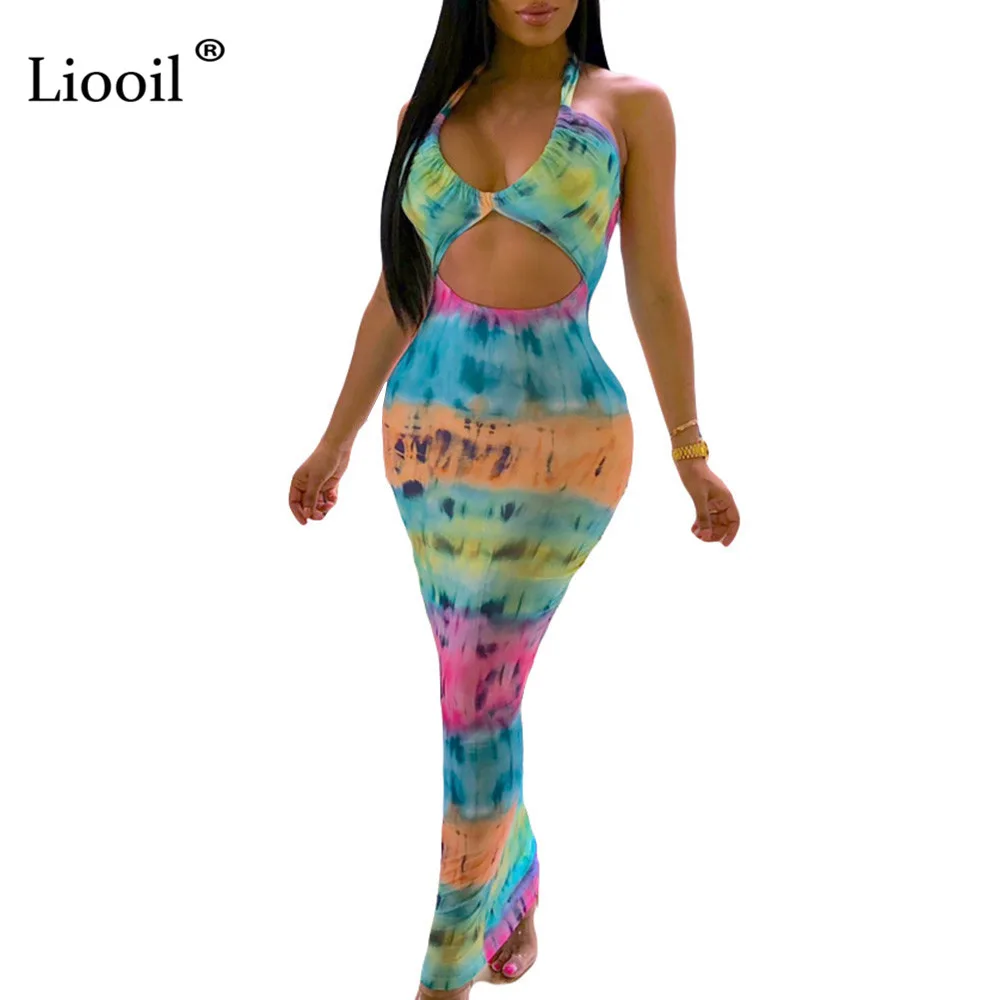 

Liooil Tie Dye Maxi Dress Sexy Club Wear Hollow Out Halter Print Dress New Arrival 2019 Bodycon Long Dresses Woman Party Night
