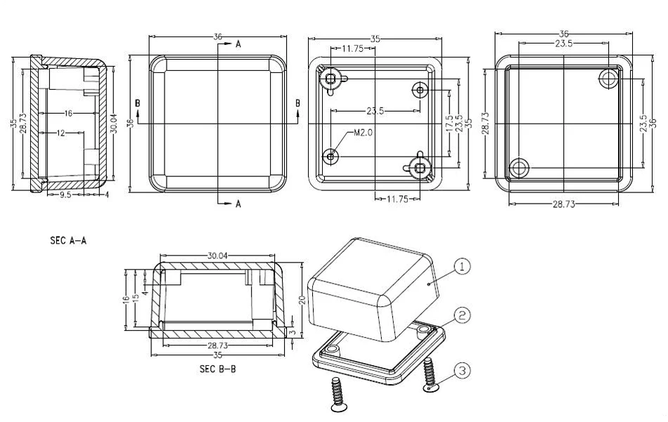 2 шт./лот экструдированная форма инъекции чехол IP54 ABS пластик Проект коробка корпус для провода разъем оборудования 36*36*20 мм