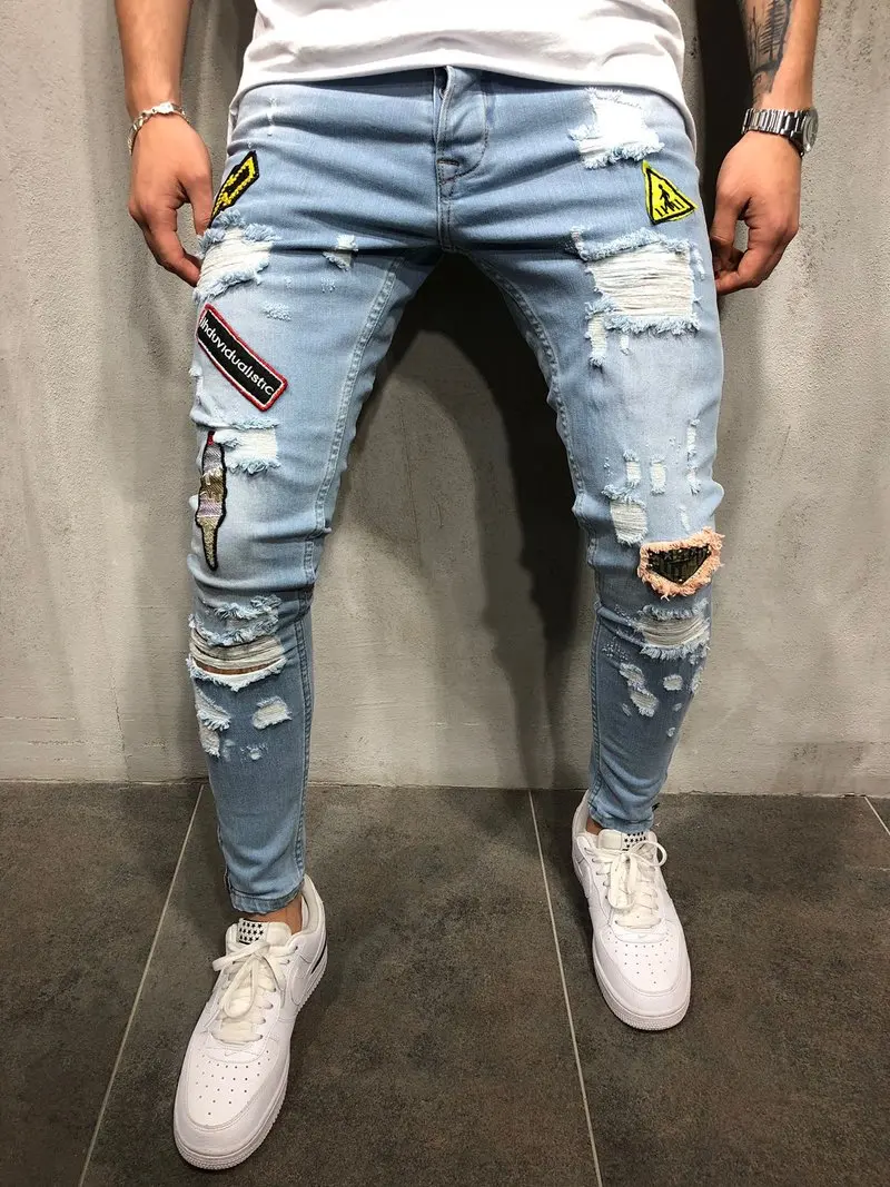 Модные новые мужские джинсовые брюки с вышитыми дырками, брюки, Мужская Уличная одежда в стиле хип-хоп, обтягивающие джинсы с налокотниками, в стиле кэжуал