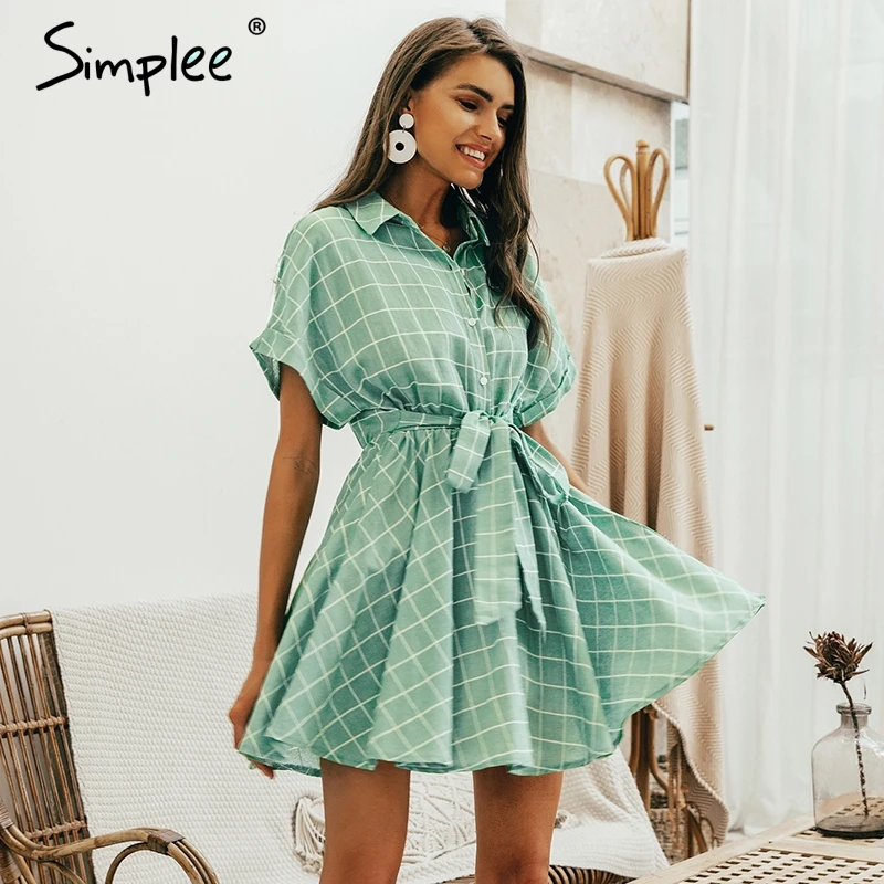 Vente Simplee Élégant plaid écharpes femmes robe manches Courtes A ligne décontracté streetwear femme robe courte Bouton robe d été 2019