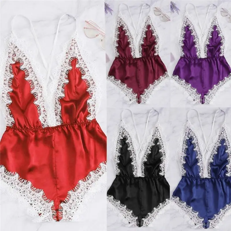 

Women Sexy Faux Silk Plunging V-Neck Lingerie Bodysuit Eyelash Lace Patchwork Backless Cross Bandage Sleepwear Rompers 5 Colors