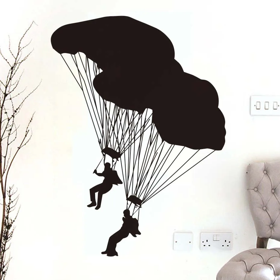 

DCTOP Two Parachutists Wall Decals Extreme Skydiving Sport Home Decor Vinyl Adhesive Silhouette Wall Sticker Boys Room Kids Room