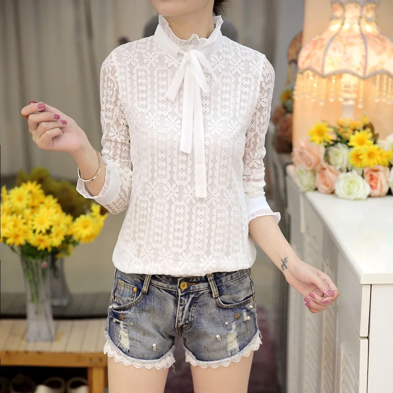 

2018 spring Bow Tie long Sleeve Blouse flower White Elegant Tops round neck Women Autumn lace Tops Casual Chiffon Blouse 669i