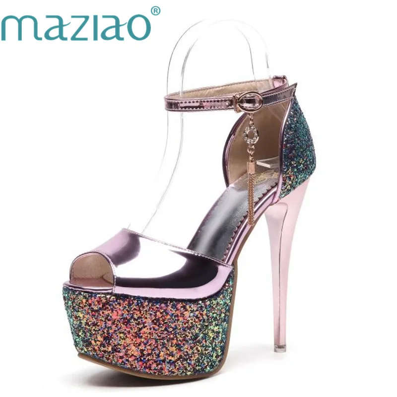 

MAZIAO Glittering Bling Women 14 CM High Heels Platform Sandal Peep Toe Thin Heel Sexy Nightclub Luxury Sequins Party PumpS