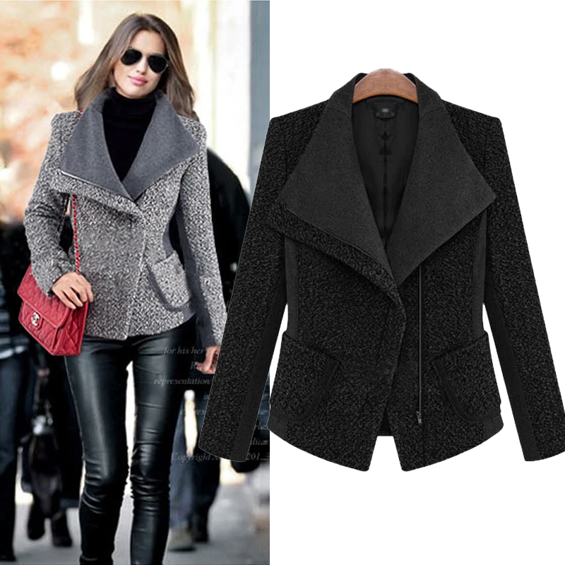 Femmes Turn En Wool Cachemire Coat Pardessus Woolen Collar De À Laine Glissière Coat Slim down Printemps Manteau Femininos grey Gros Black Longues Fermetures Manches XxrxB8Iq