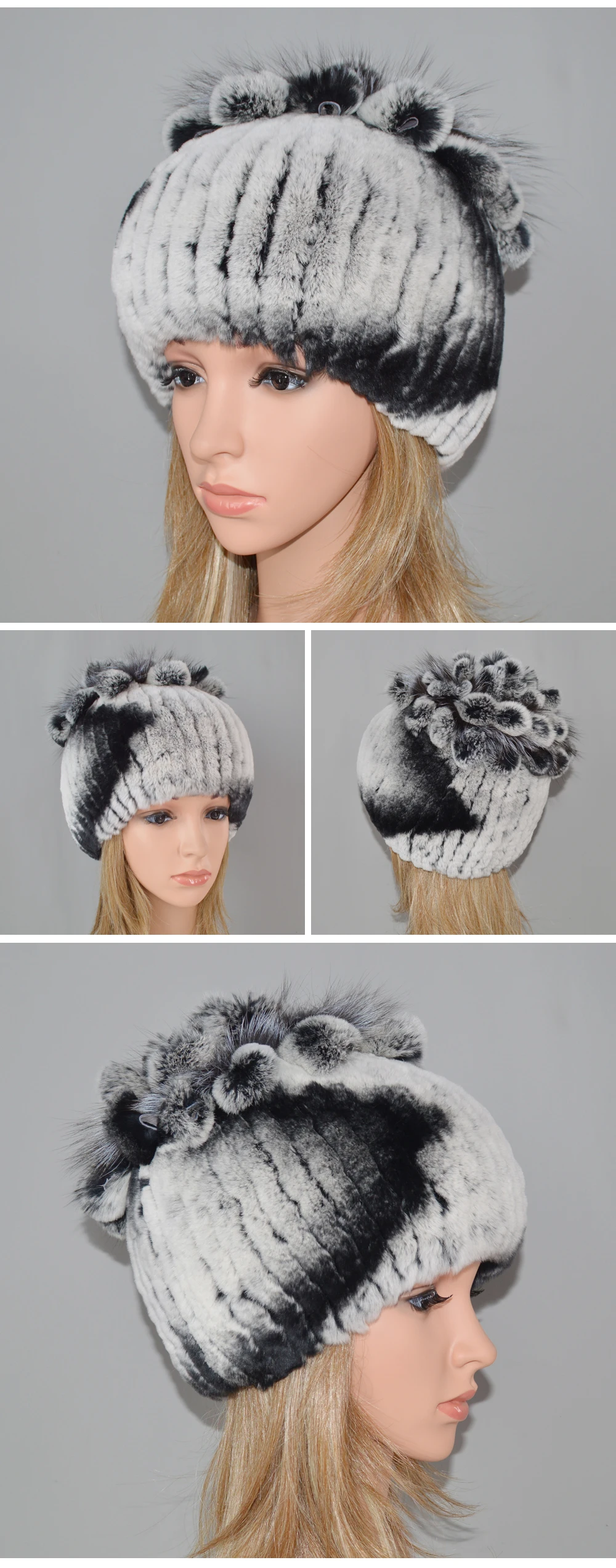 Women Natural Real Rex Rabbit Fur Beanies Hats Winter Warm Knitted Rex Rabbit Fur Caps New Female With Fox Fur Skullies Hat