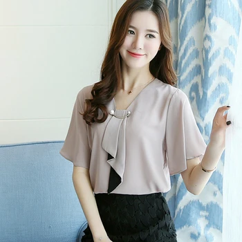 

1pc New Fashion Women Chiffon Blouse New Flare Sleeve V-Neck Work Wear Shirts Elegant Lady Blouses Casual Solid Color Blusas