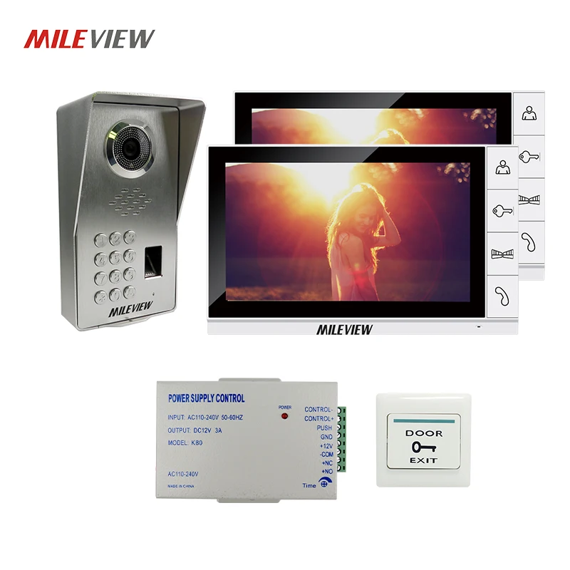 

FREE SHIPPING 9" Video Door Phone Doorbell Intercom 2 Monitors Kit + Waterproof Fingerprint Code Keypad Access Door Camera