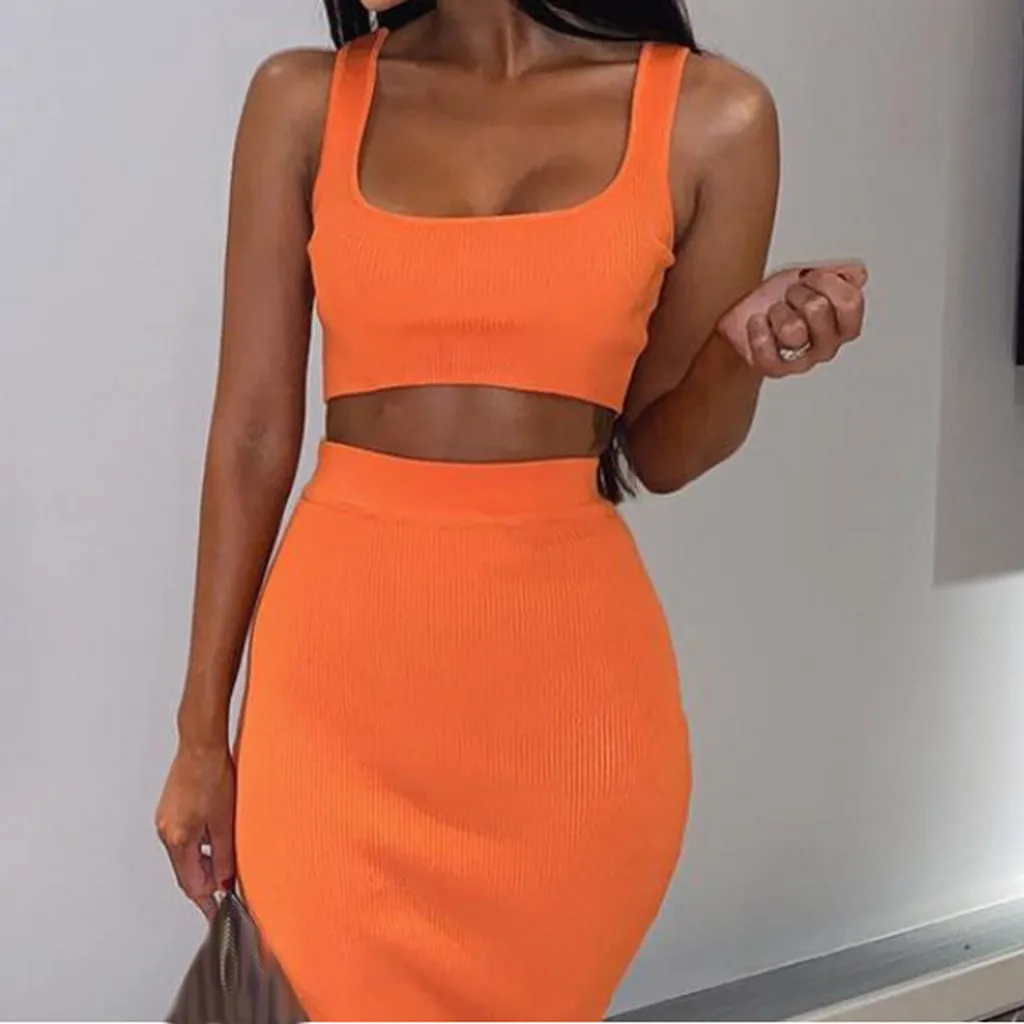 

Fluorescence Sleeveless Crop Camis Top Mini Skirt Suits Women Fashion Solid Female Fitness Two Pieces Sets Casual Femme Sets