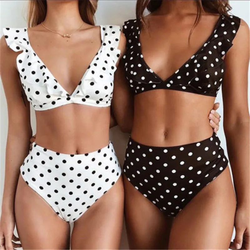 

Retro V Neck Swimwear White Black Polka Dot Ruffled Bikini Set Halter Beach Bathing Suit High Waist Swimsuit Women Bikini 2019