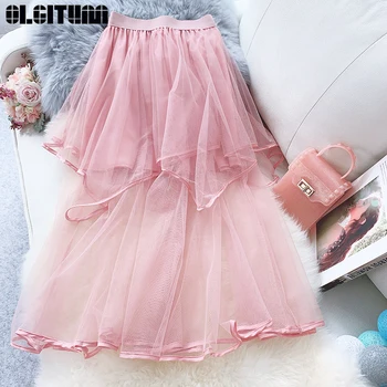

Skirt Summer Women 2020 New Korean Version Irregularities Medium Long High Waist Mesh Skirt Perspective Petti gauze Skirt SK454