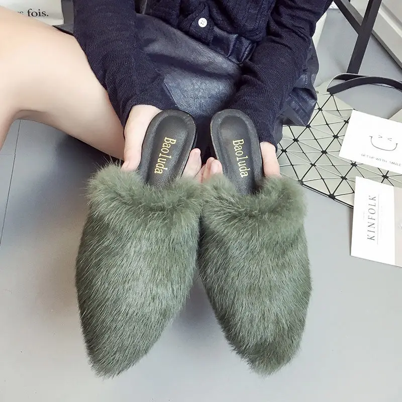 European famous brand woman fur design slippers home slides pointed toe
