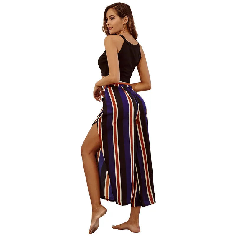 women sexy side split striped wide leg pants pockets side zipper full length female casual trousers chic long pants