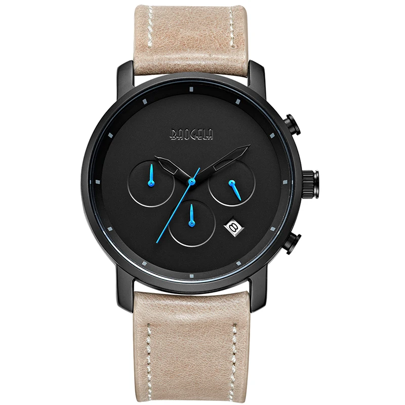 

Baogela Mens Simple Chronograph Analogue Quartz Watch, Leather Bracelet Wristwatch with Calendar Date for Boy & Man 1705G