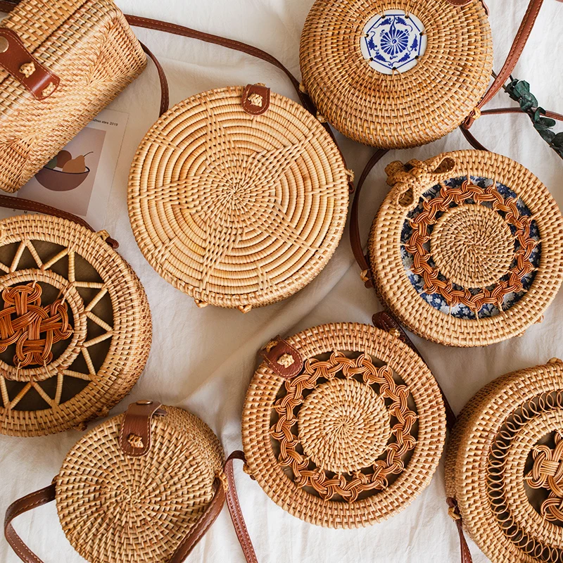  Woven Rattan Bag Round Straw Shoulder Bag Small Beach HandBags Women Summer Hollow Handmade Messeng - 32889172089