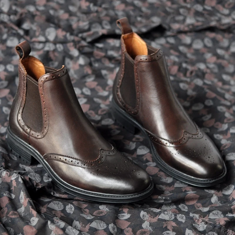 Осень-зима, новые ботинки с перфорацией типа «броги» в британском стиле, из натуральной кожи, без шнуровки, тонкие ботинки, мужские ботинки