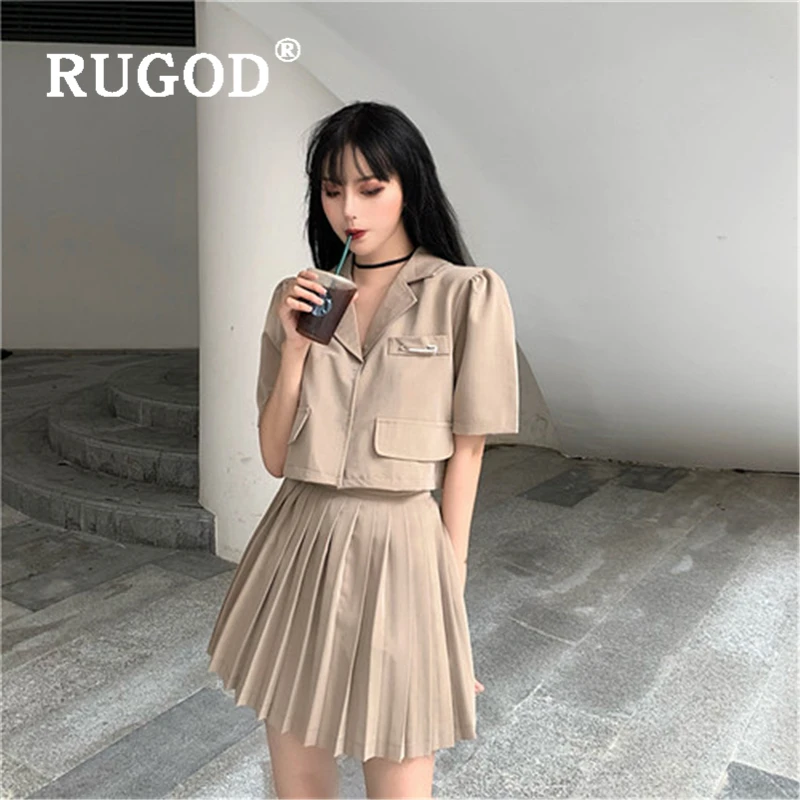 

RUGOD Elegant solid summer women skirt suits Korean chic turn-down pockets tops & elasticity waist pleated skirts female 2019