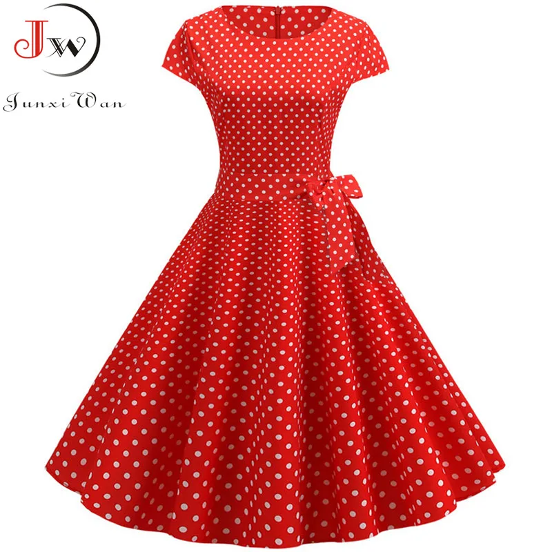 

Summer Vintage Dress Women Polka Dot Elegant Short Sleeve A-Line Midi Party Dress Sundress Plus Size Robe Rockabilly Vestidos