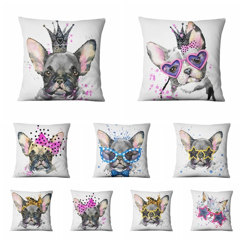

American Cartoon Pets Linen Printed Pillowcase French Bulldog Gifts Cushion Decorative Pillowhome Decor Sofa Throw Pillows 17*17