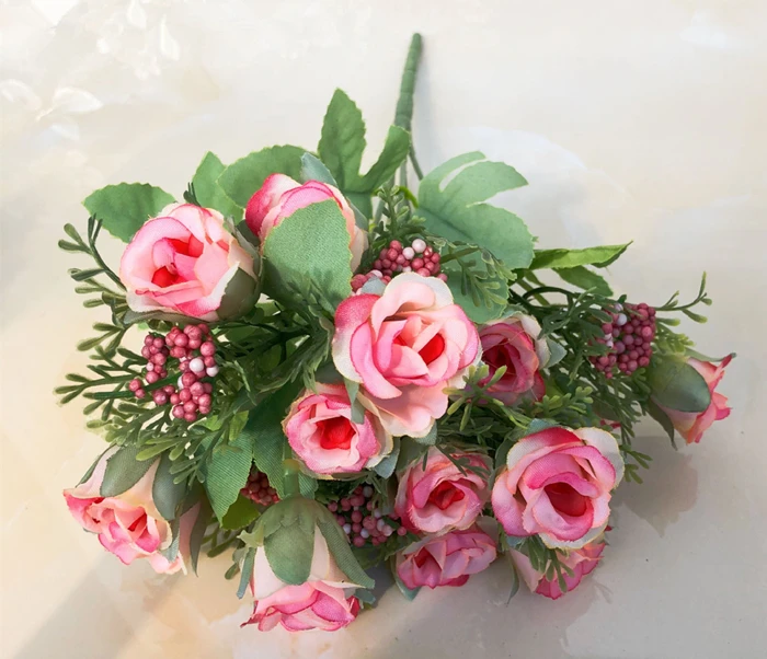 YO CHO 15heads Silk Tea Roses Flower Bride Bouquet for Christmas Home Wedding New Year Decoration Fake Plants Artificial Flowers