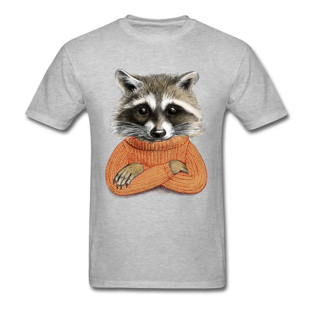 Normal Short Sleeve Tops Shirt Summer/Fall O-Neck 100% Cotton Men Tshirts Raccoon in winter sweater Normal Tee Shirts Fashion Raccoon in winter sweater grey